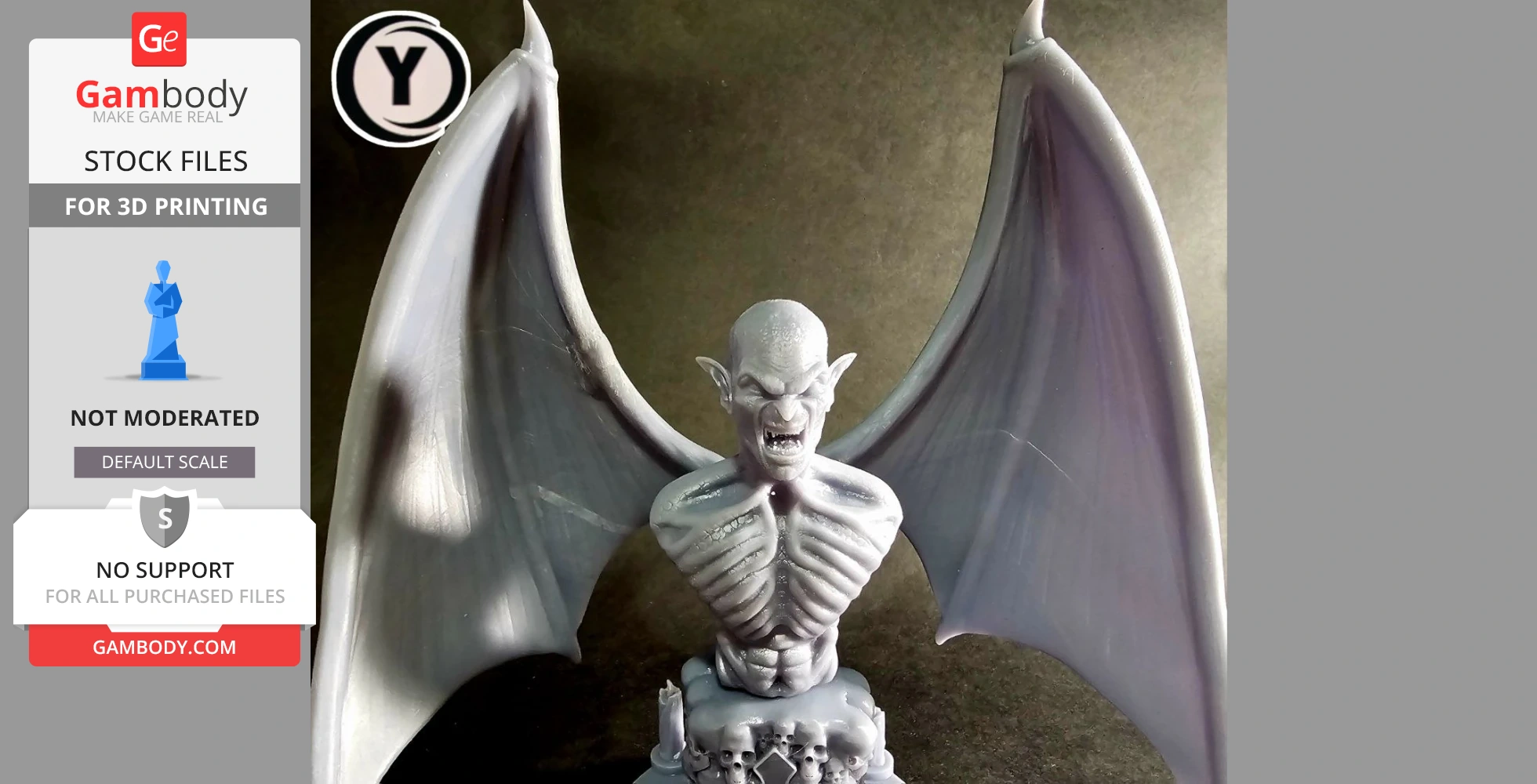 Vampire bust with large wings, sharp fangs, and skeletal chest, ideal for 3D printing enthusiasts.