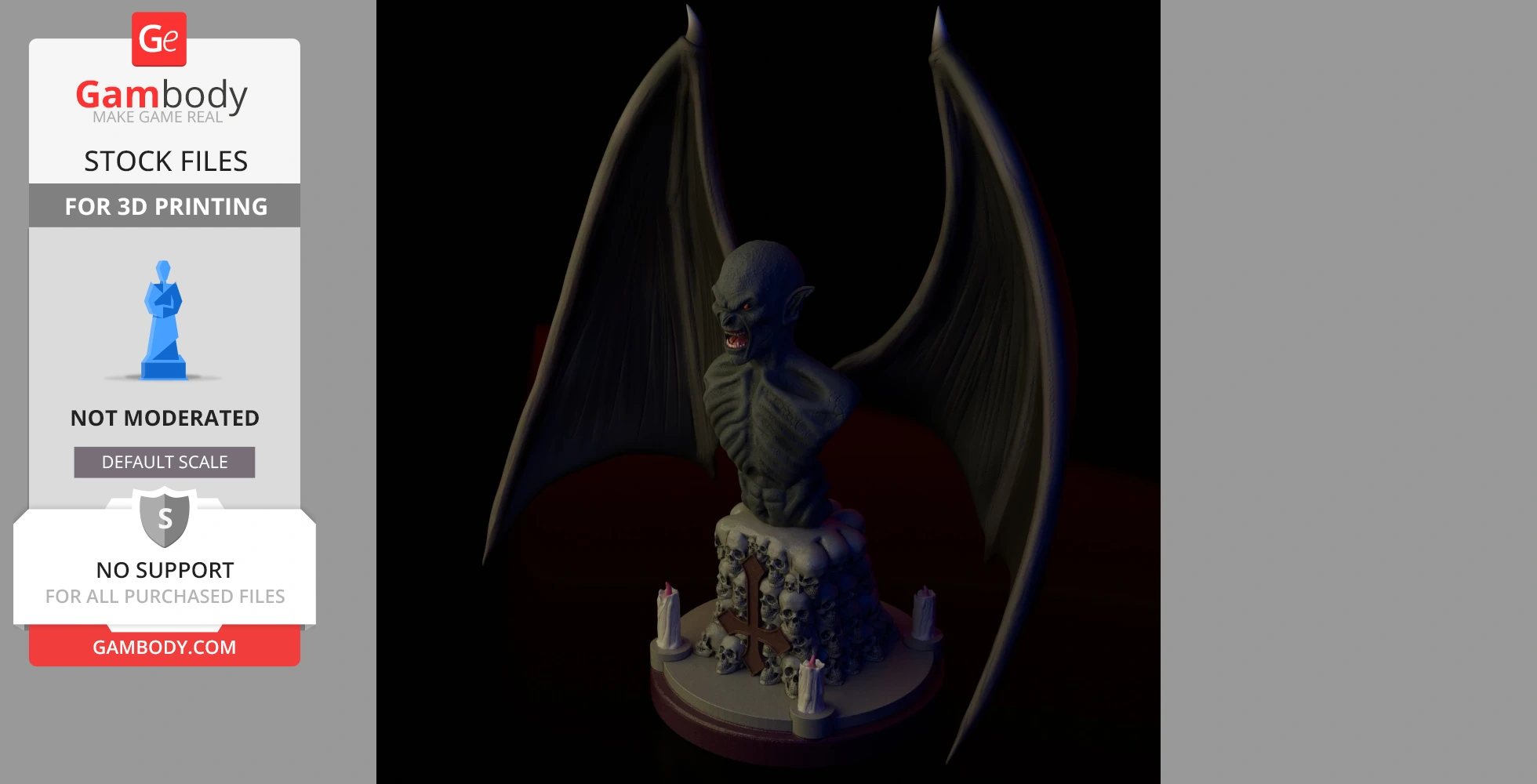 A menacing vampire bust with wings, perched on a base adorned with skulls and candles.