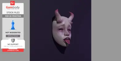 A demon-like mask with horns and an extended tongue, set against a dark background.