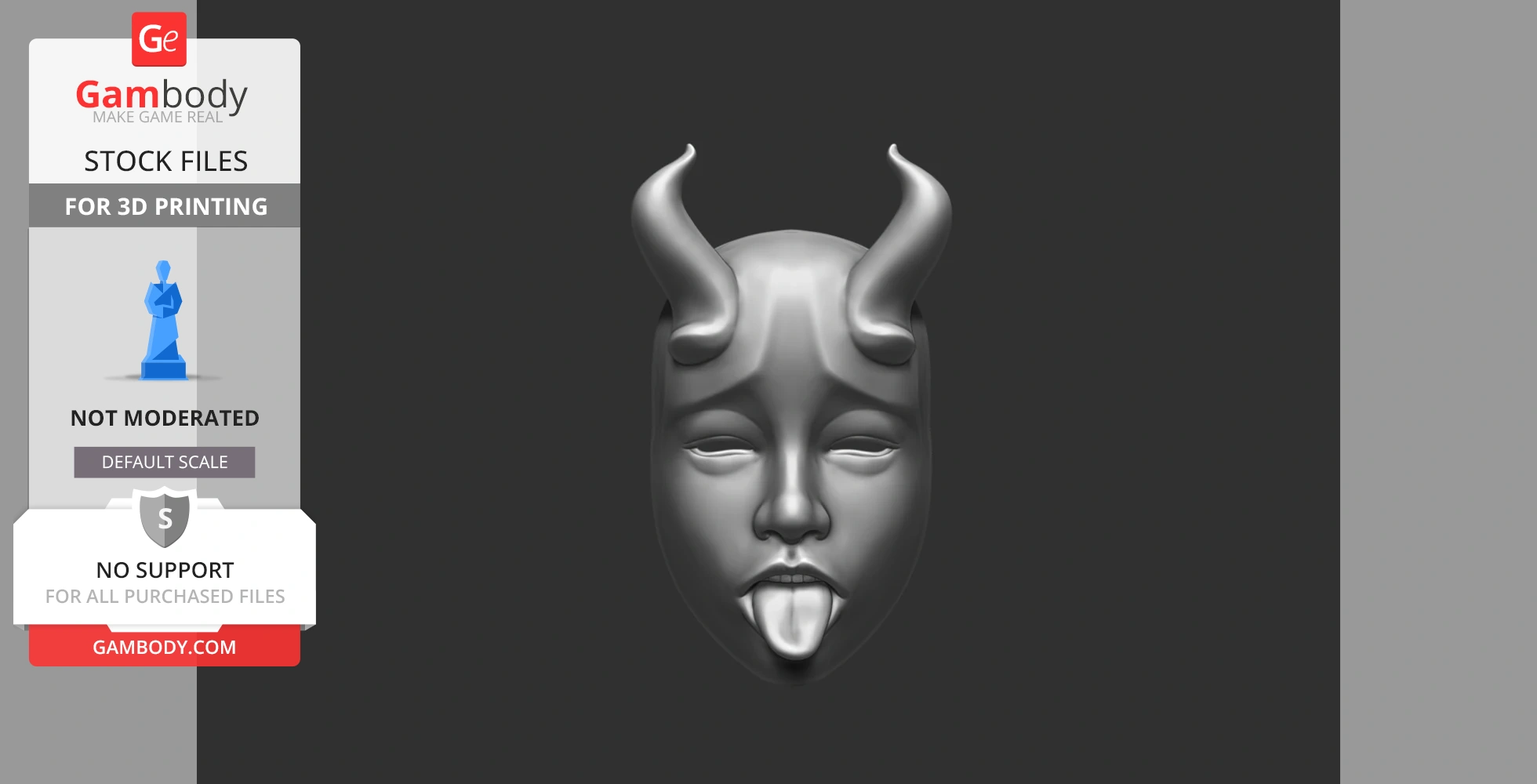 A 3D printable mask with horns and a tongue sticking out.
