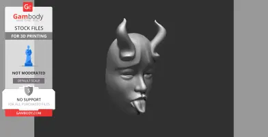 A 3D model of a simplistic human face with horns and tongue out, designed for 3D printing.
