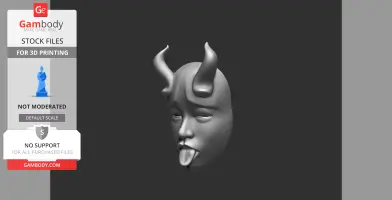 3D model of a simplistic, horned face with eyes closed and tongue sticking out.