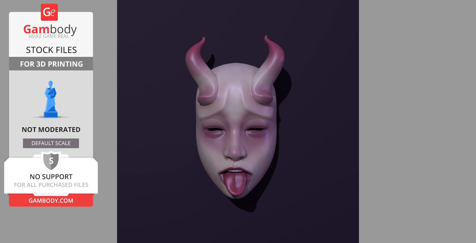 A humanoid mask with curved horns and its tongue sticking out on a dark background.