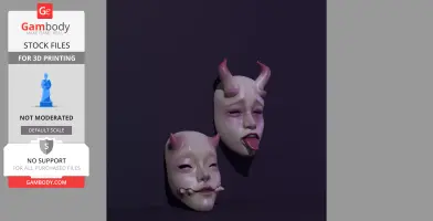 Two artistic masks with horns; one has a tongue out, the other a neutral expression.