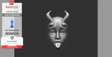 A 3D printable mask with horns and a tongue sticking out.