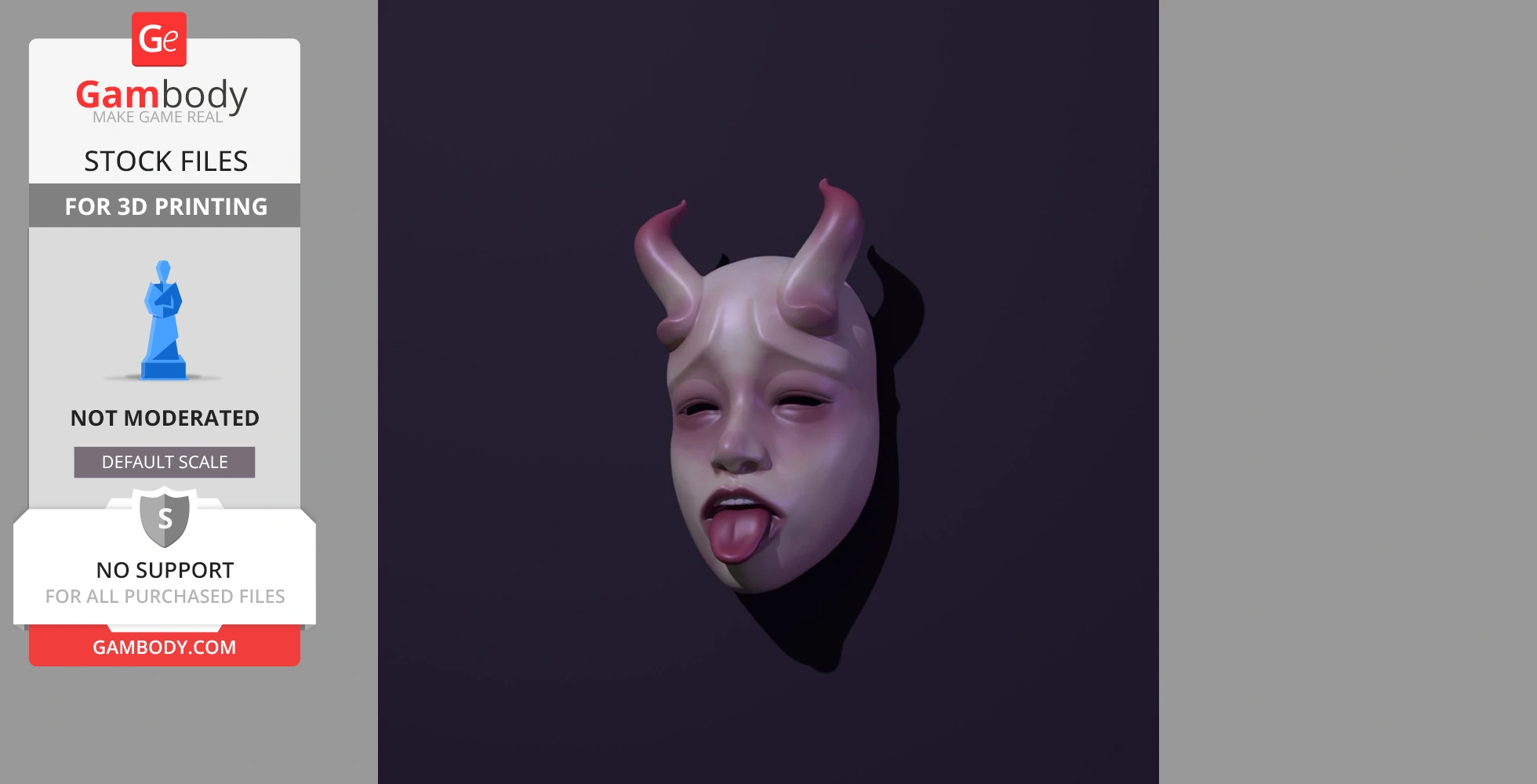 A stylized face with horns, eyes closed, and tongue out. Ideal for 3D printing.