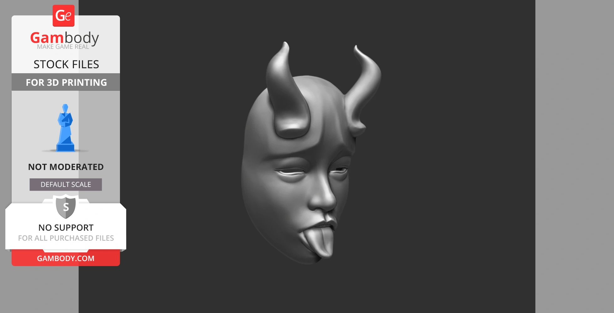 A 3D model of a simplistic human face with horns and tongue out, designed for 3D printing.