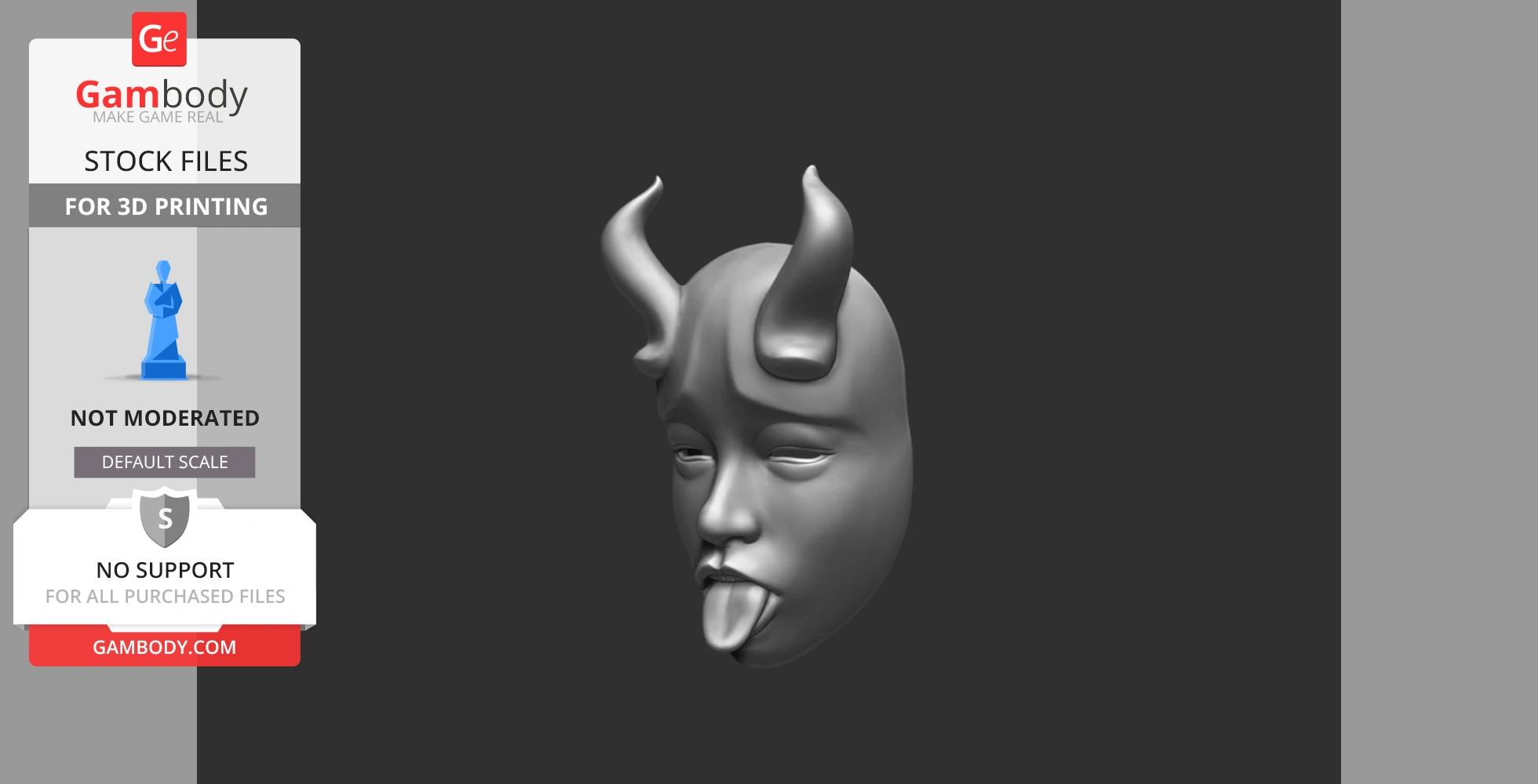 3D model of a simplistic, horned face with eyes closed and tongue sticking out.