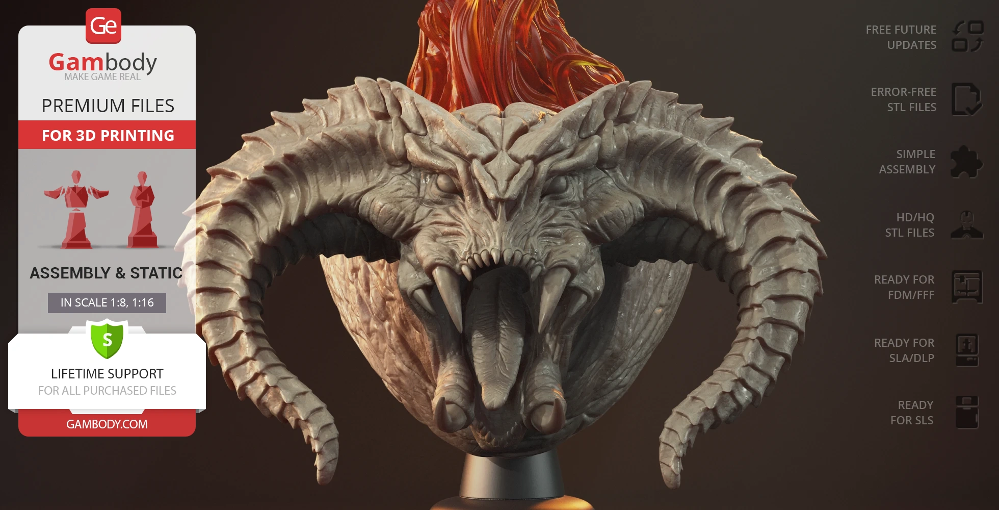 A fierce creature bust with large horns and fiery details, designed for 3D printing.