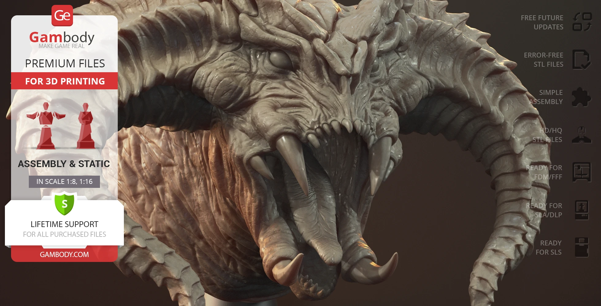 A detailed 3D model of a mythical creature's head with horns and open mouth, ready for 3D printing.