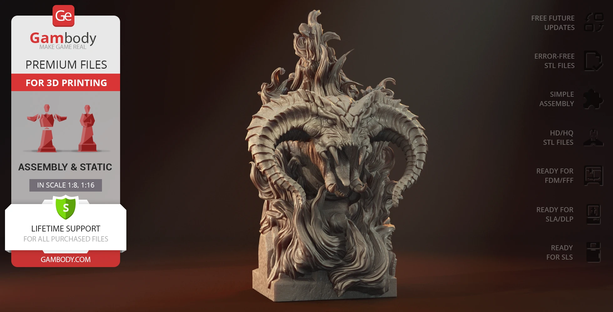A detailed Balrog bust with horns and flames, designed for 3D printing.
