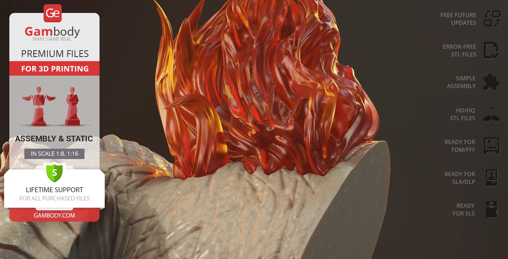 Detailed 3D bust of a fiery creature with flames, designed for 3D printing from Gambody.