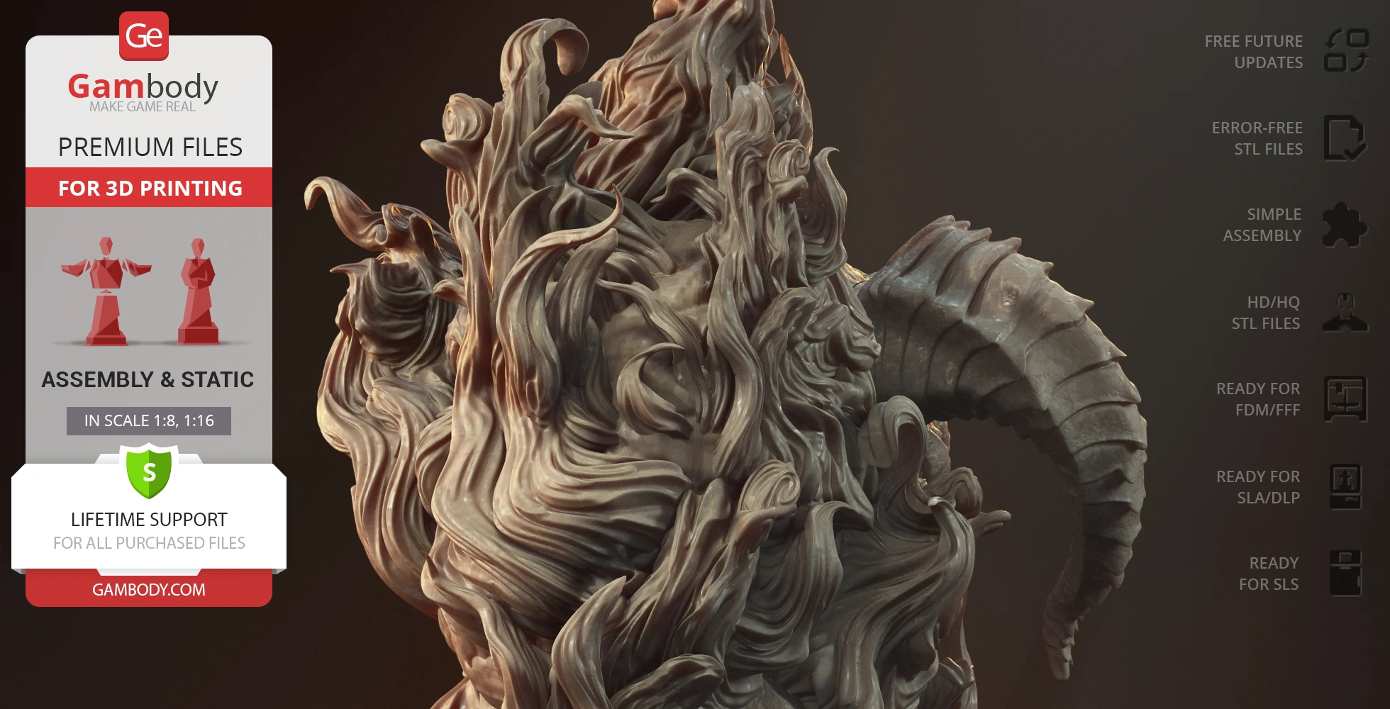 A detailed bust of a horned creature with flowing, flame-like textures, designed for 3D printing.