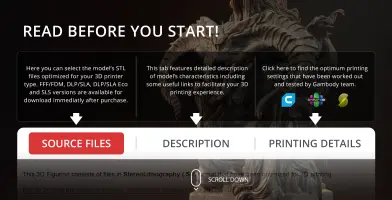 'Balrog Bust 3D model preview with printing options: source files, description, and printing details.'