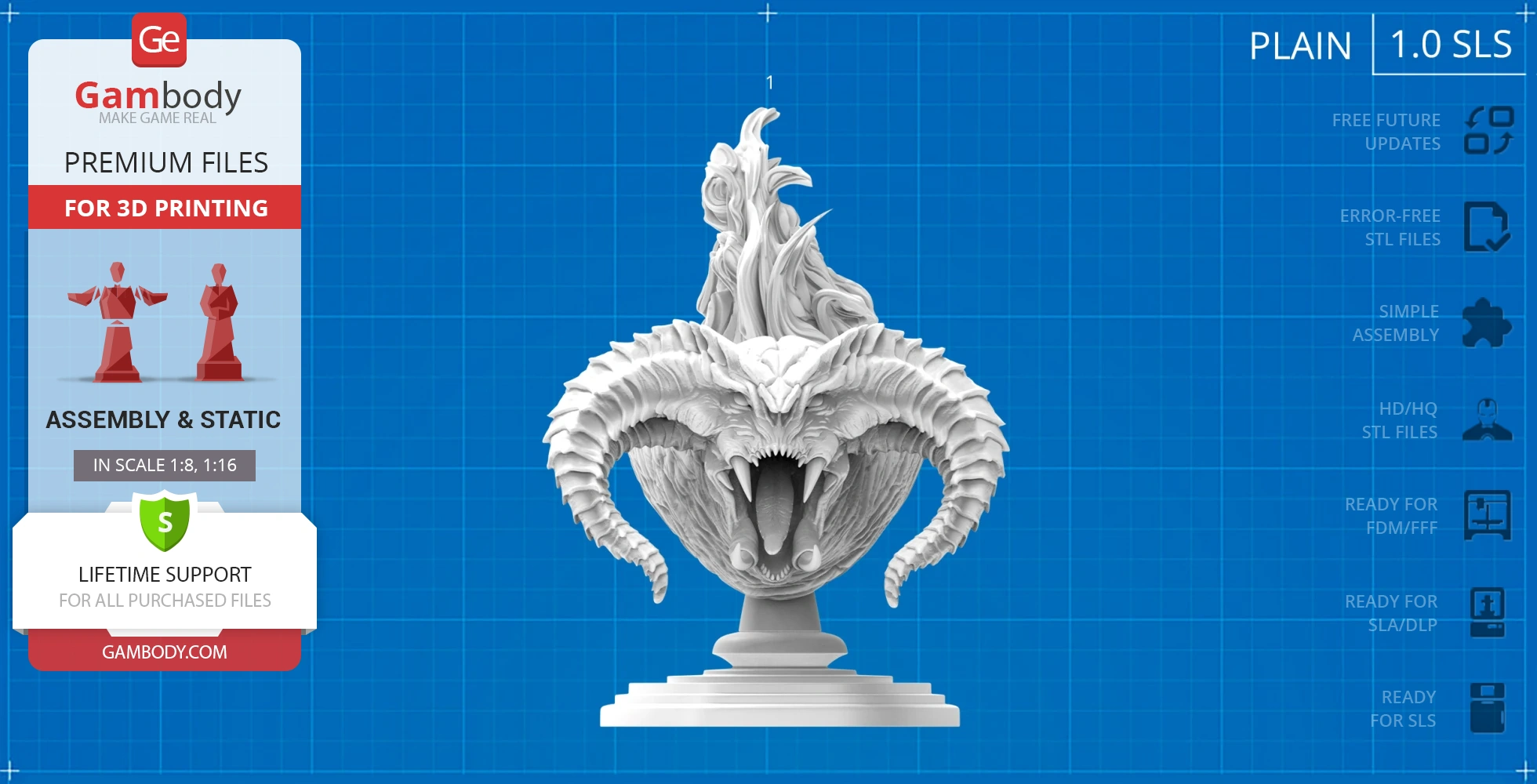 A 3D printable bust of a mythical creature with large horns and an open mouth, featured on a pedestal.