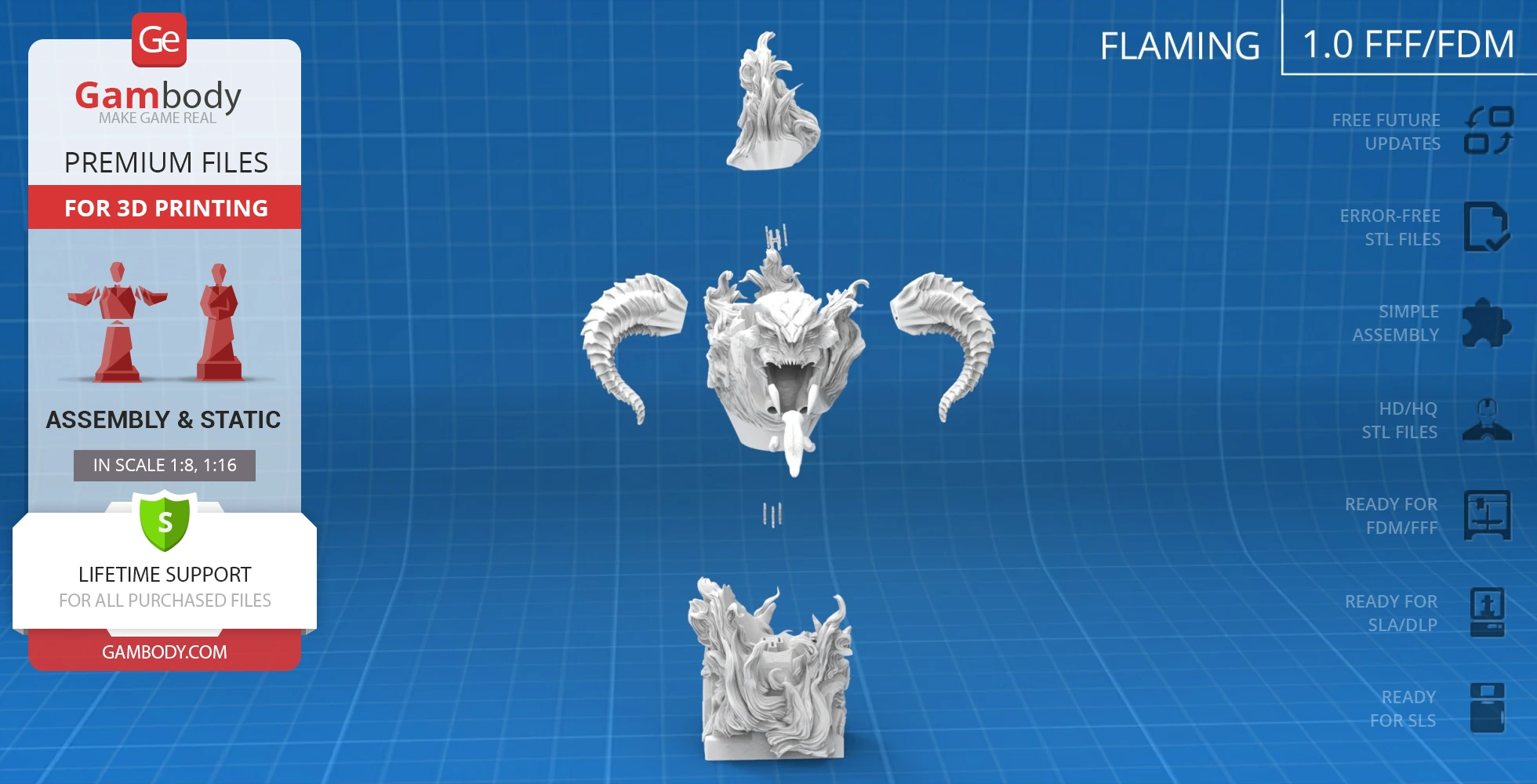 Exploded view of Balrog bust 3D model parts for assembly on a blue grid background.