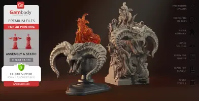 A demon-like bust with large horns and fiery mane, designed for 3D printing.