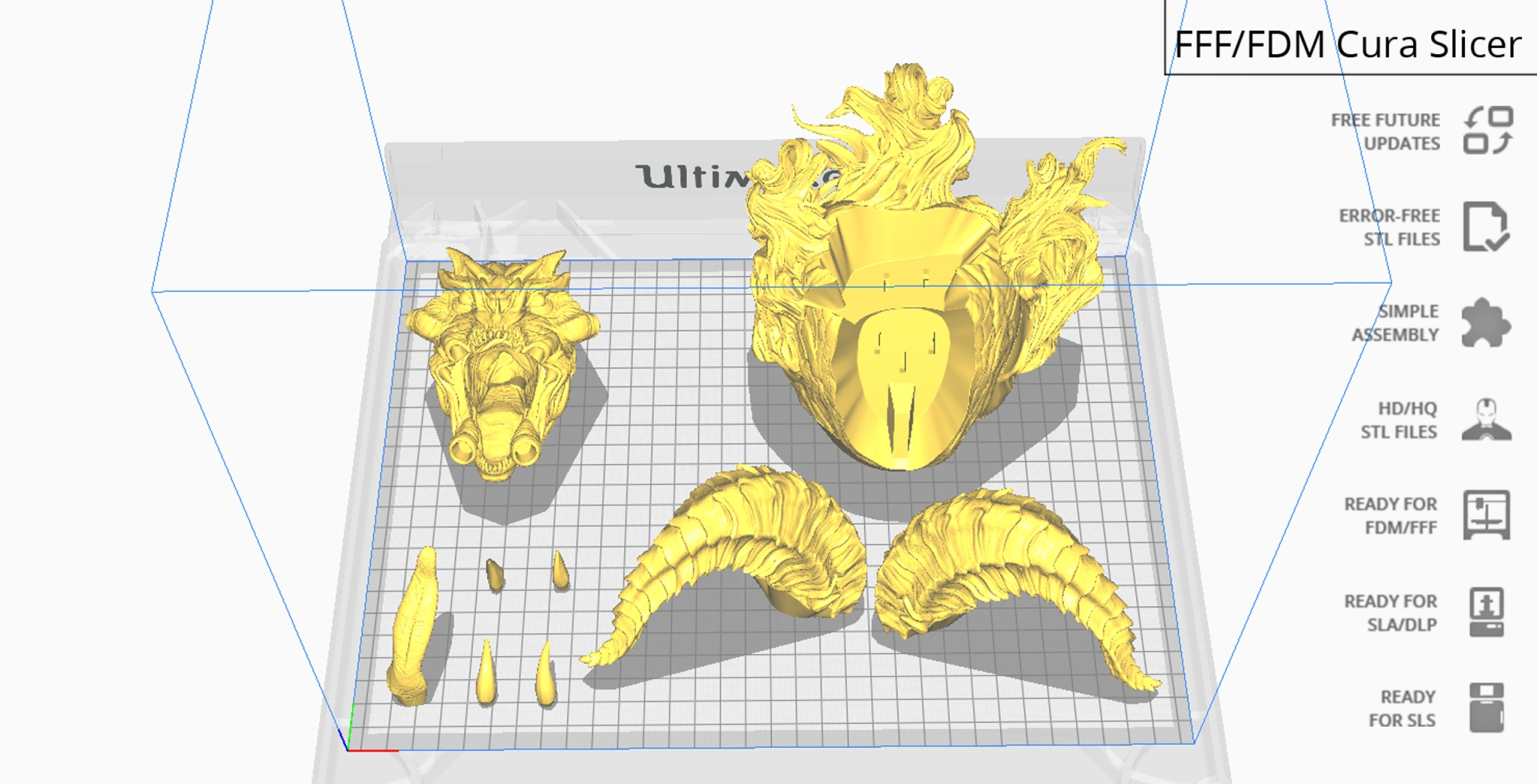 A 3D slicer view showing a Balrog bust with separate parts for printing, including face and horns.