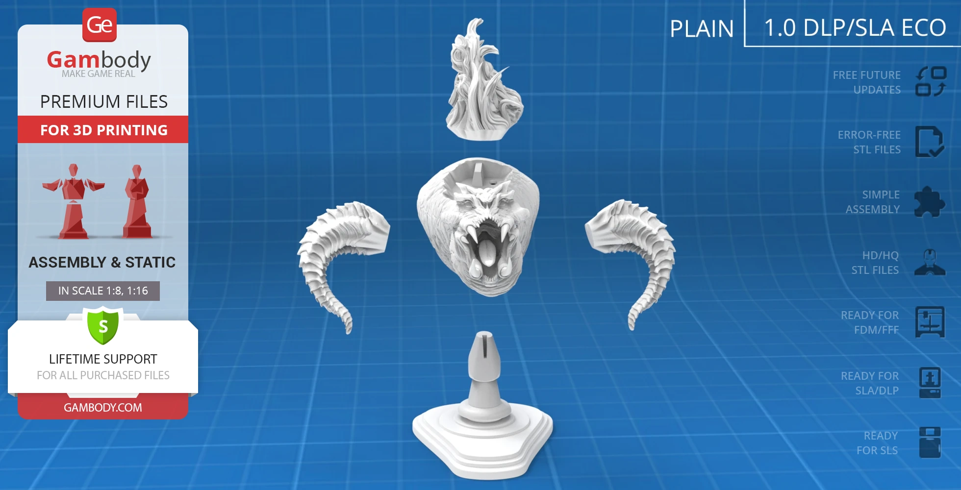 3D printable Balrog bust parts: horns, face, flame, and base on a blue grid background.