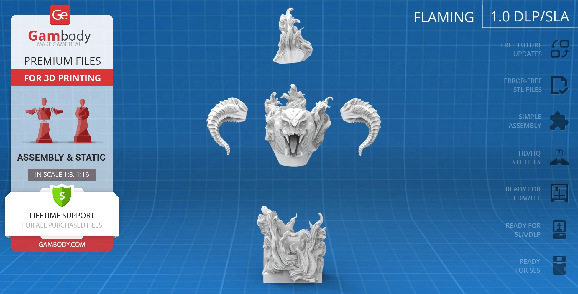 3D printable Balrog bust parts, featuring a fierce face, horns, and detailed fiery base.