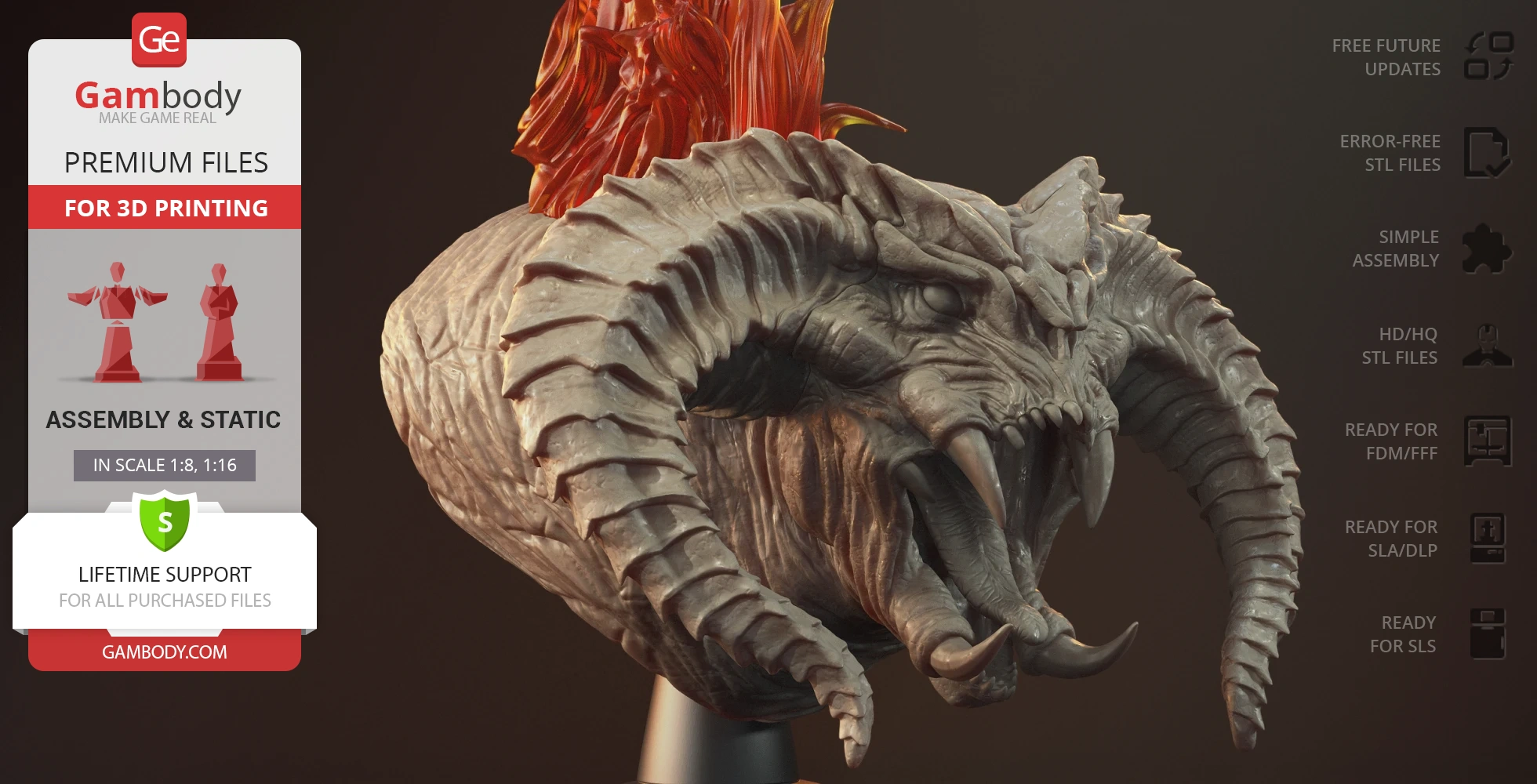 A 3D printable bust of a horned, fierce creature with fiery details, displayed on a stand for assembly.