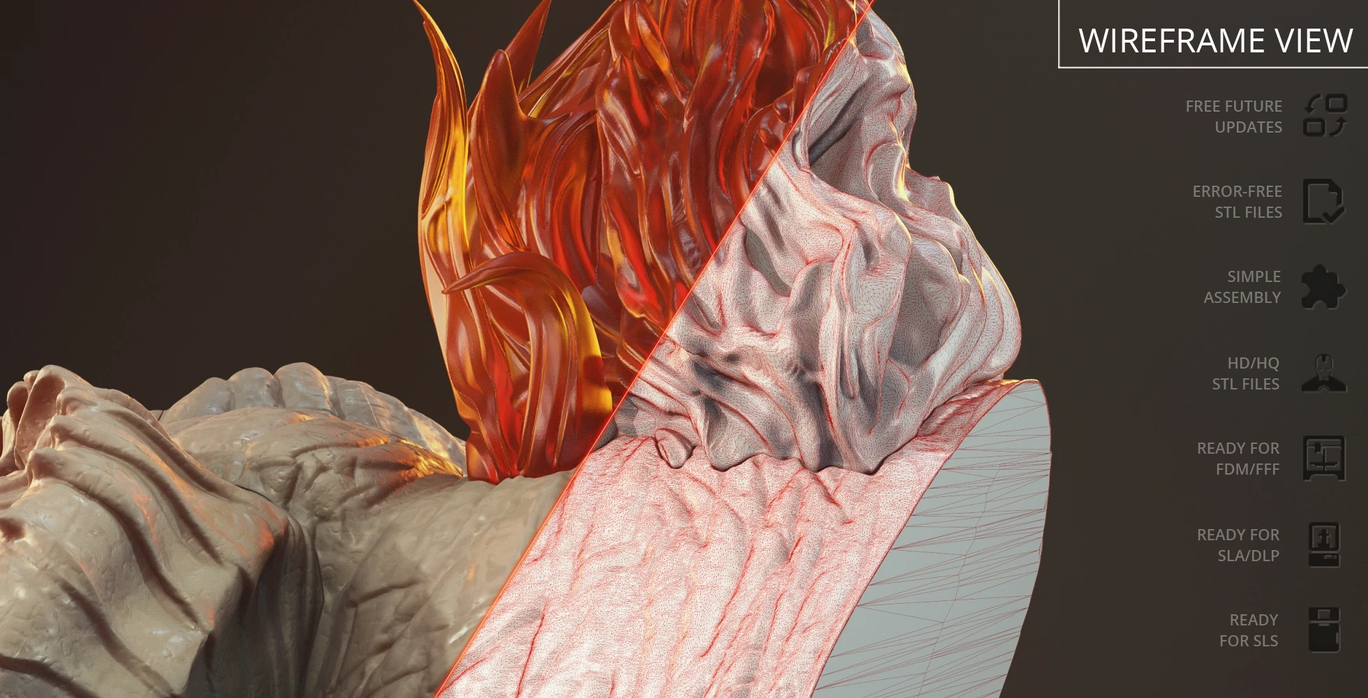 A half-rendered, half-wireframe view of a Balrog bust with fiery details, ready for 3D printing.
