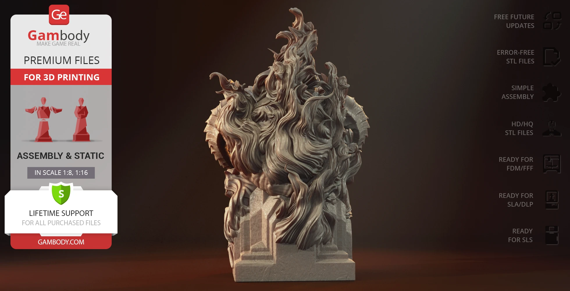 Bust of a fantasy creature with swirling flames and horns, designed for 3D printing.