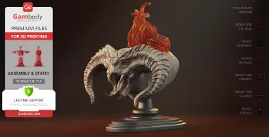 A demonic creature bust with large horns and flaming head, designed for 3D printing.