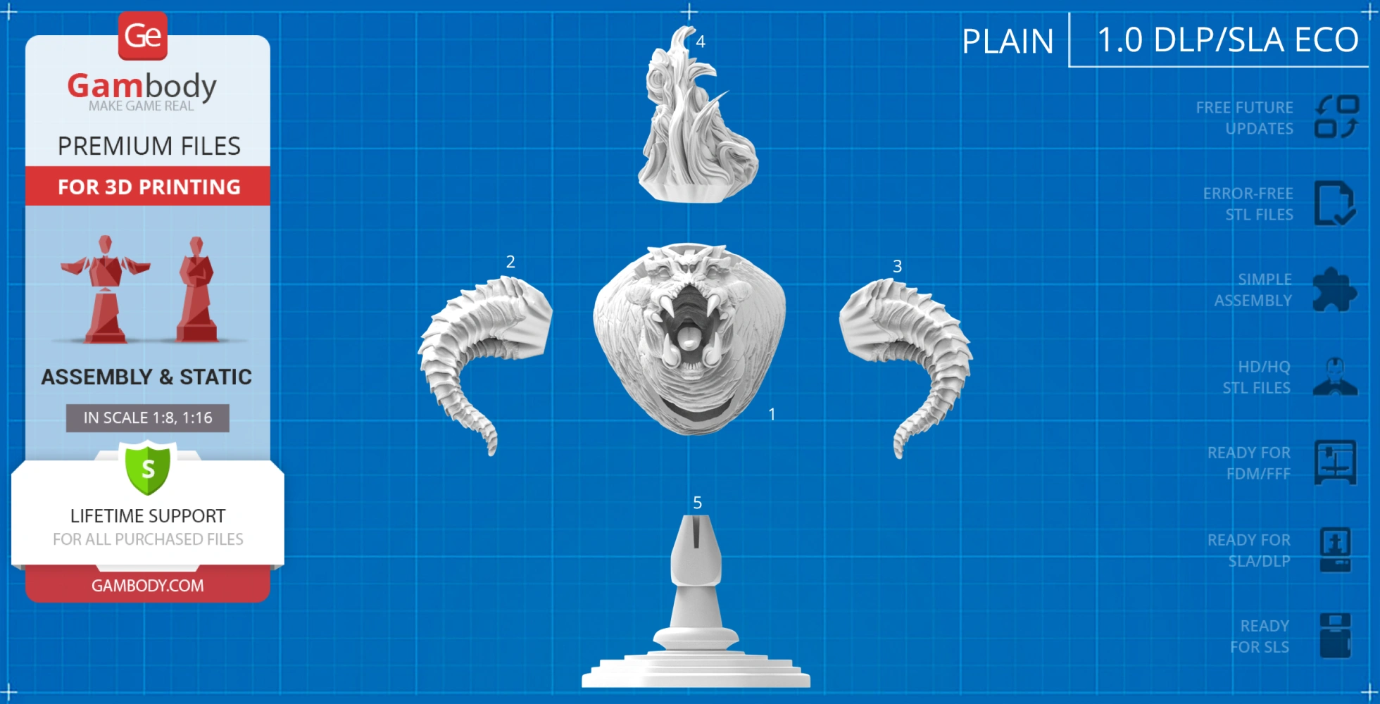 Five-part 3D model of a mythical creature's bust with horns and flame details for printing.