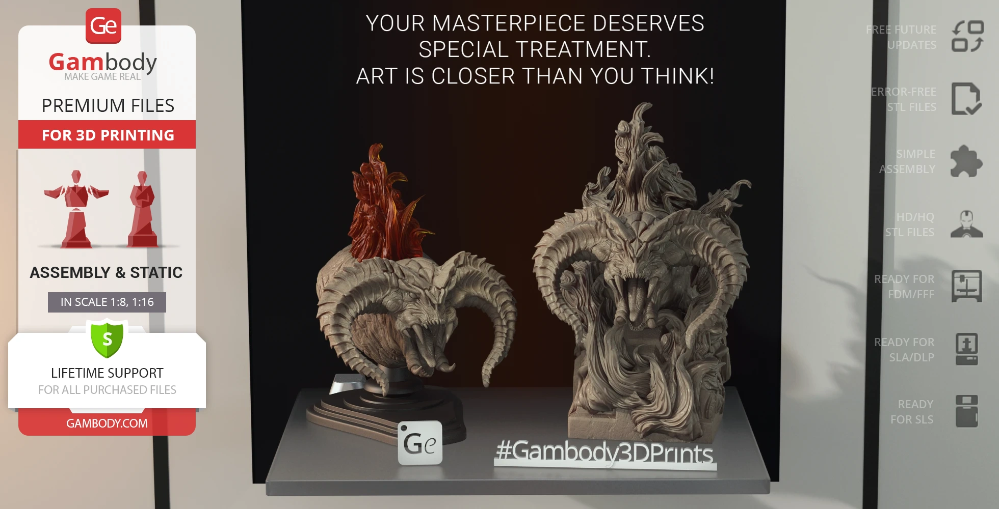 Two intricately detailed Balrog busts in different finishes for 3D printing display.