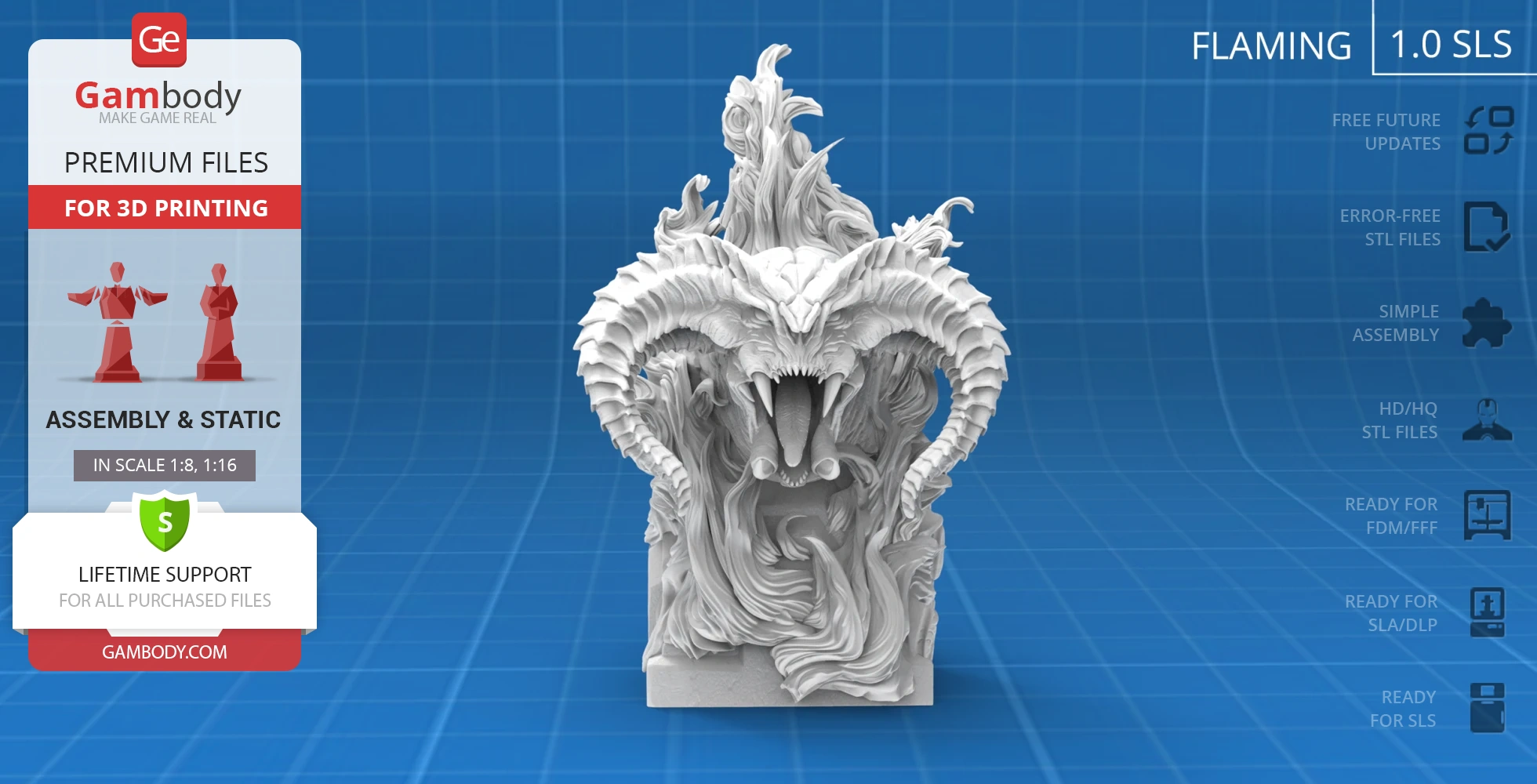 A detailed 3D printable Balrog bust with large horns and fierce expression, available on Gambody.