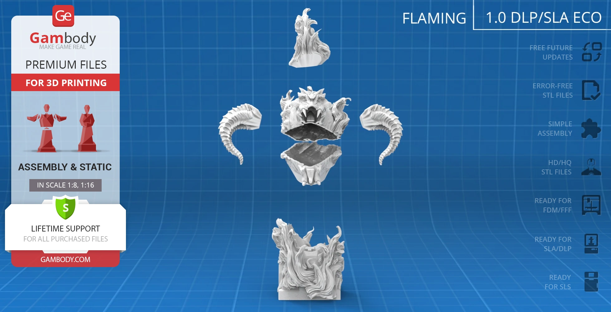 3D printable Balrog bust model parts displayed on a grid background for assembly.