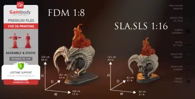 A detailed Balrog bust 3D model with fiery head, available in FDM 1:8 and SLA/SLS 1:16 scales for printing.
