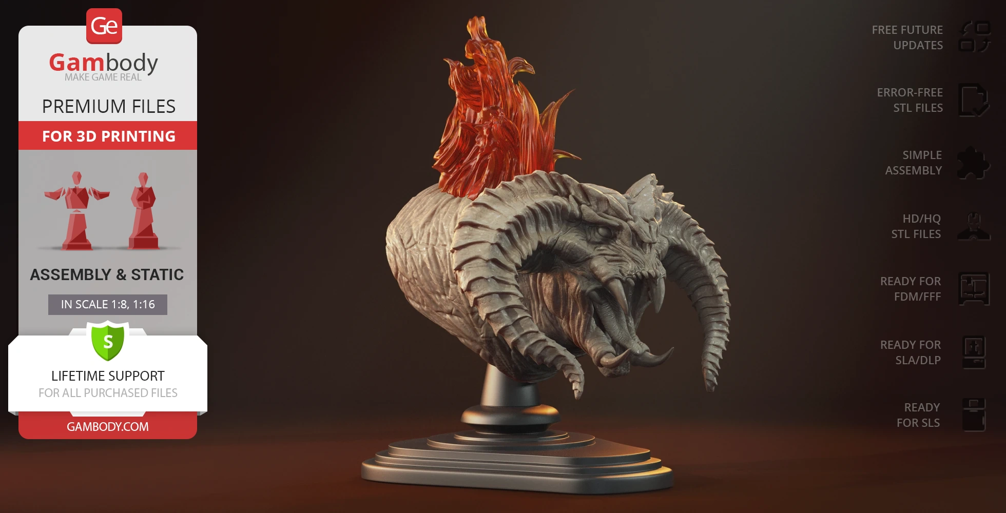 A detailed bust of a creature with horns, sharp teeth, and fiery mane, set on a display stand.