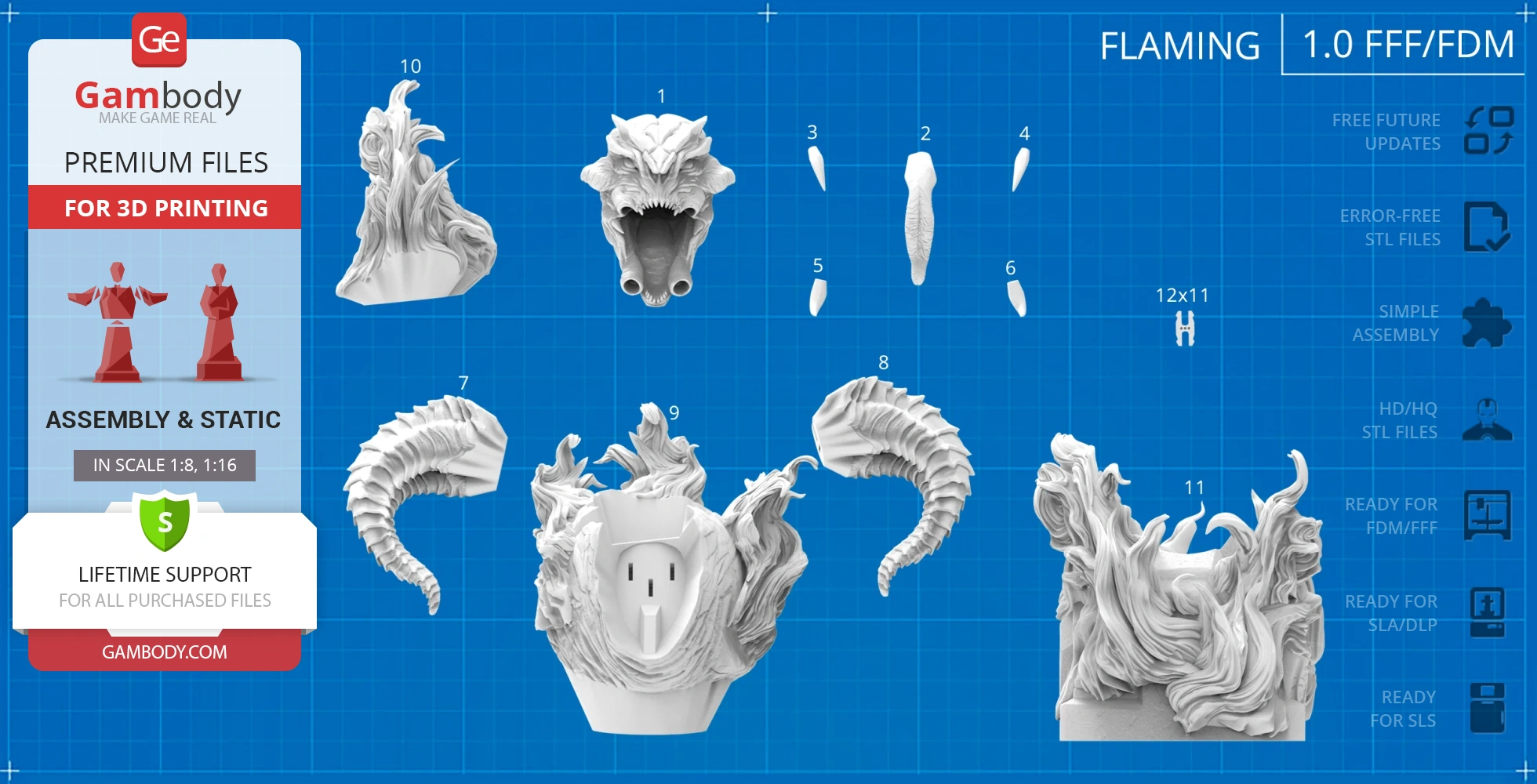 3D printable Balrog bust model, featuring detailed head, horns, and fiery mane for assembly.