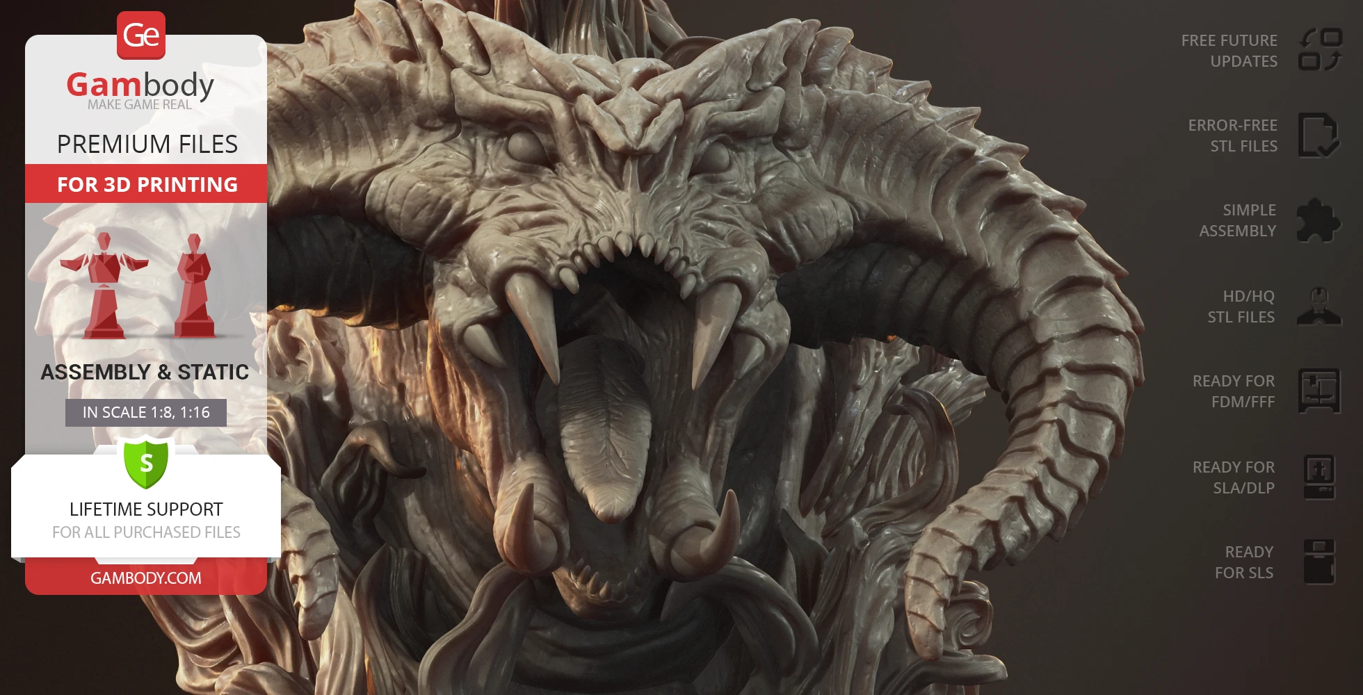 A detailed 3D model of a monstrous creature bust with large horns and sharp teeth, ready for 3D printing.