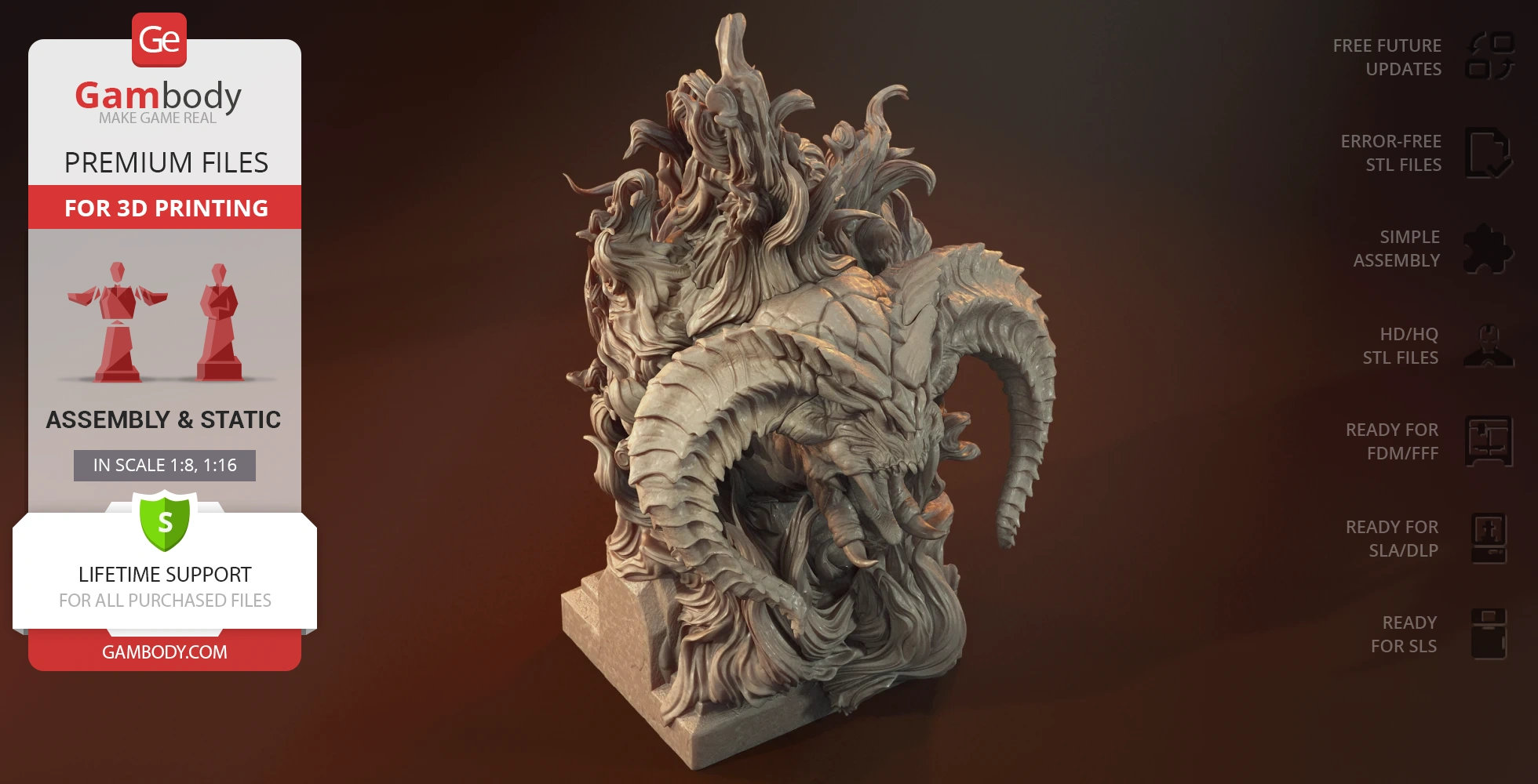Detailed 3D printable bust of a mythical creature with large horns and fiery mane; for assembly and display.