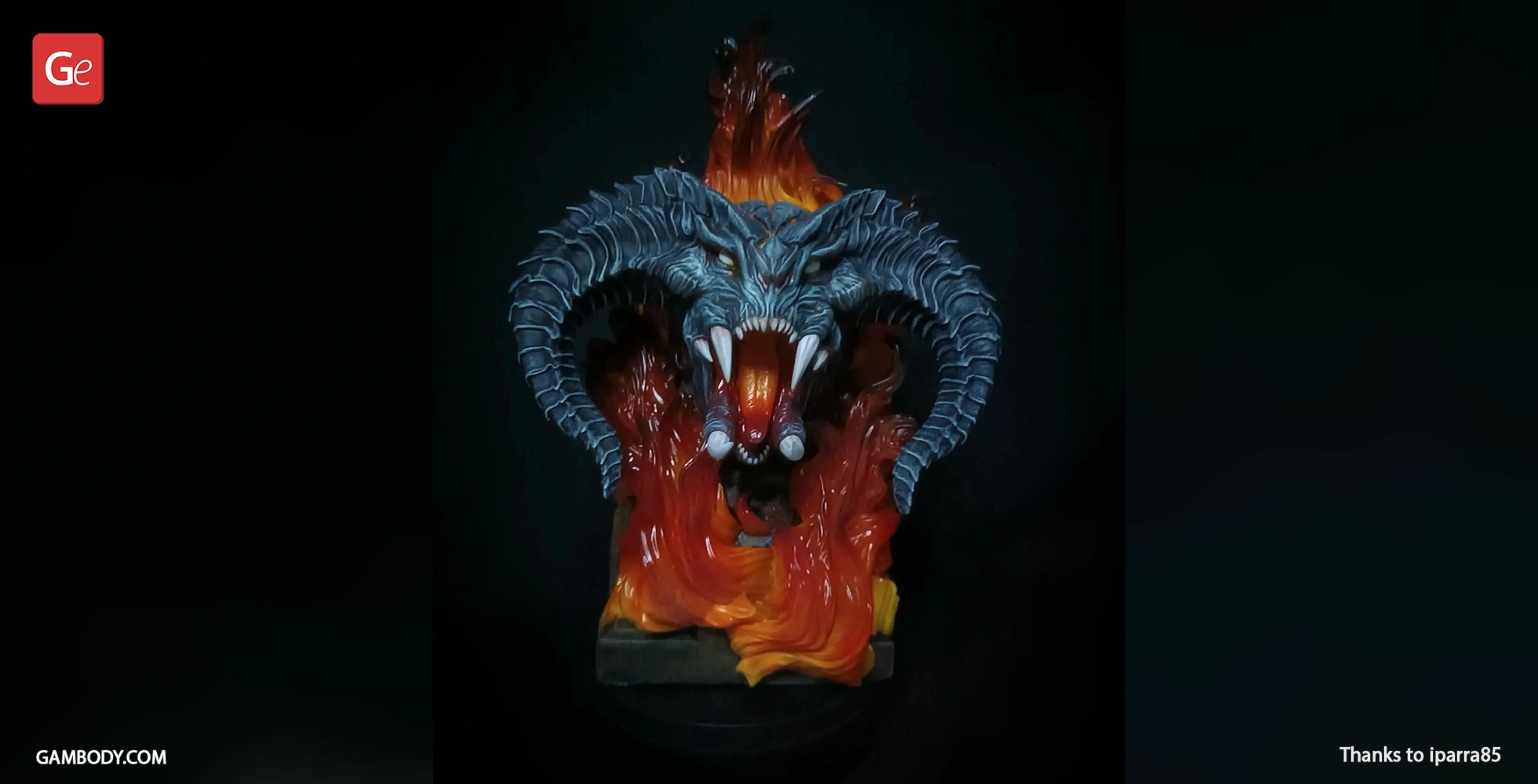 A fierce demonic bust with horns and flames, featuring sharp teeth and fiery mane.