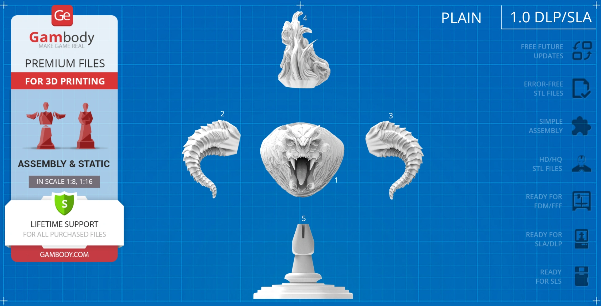 3D printable Balrog bust parts: head, horns, flame, and base on a blueprint background.