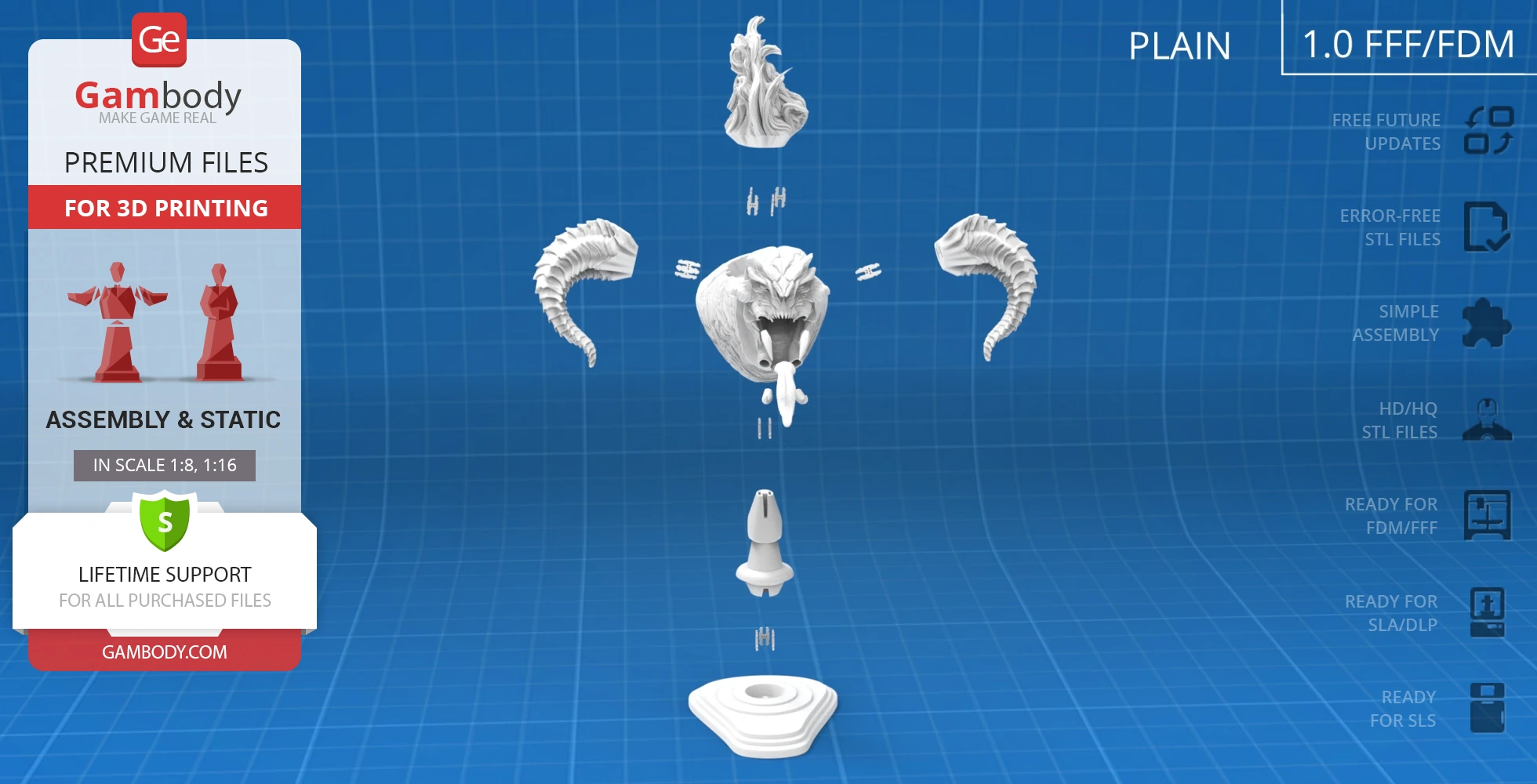 Exploded view of a Balrog bust 3D model showing separate components for assembly.