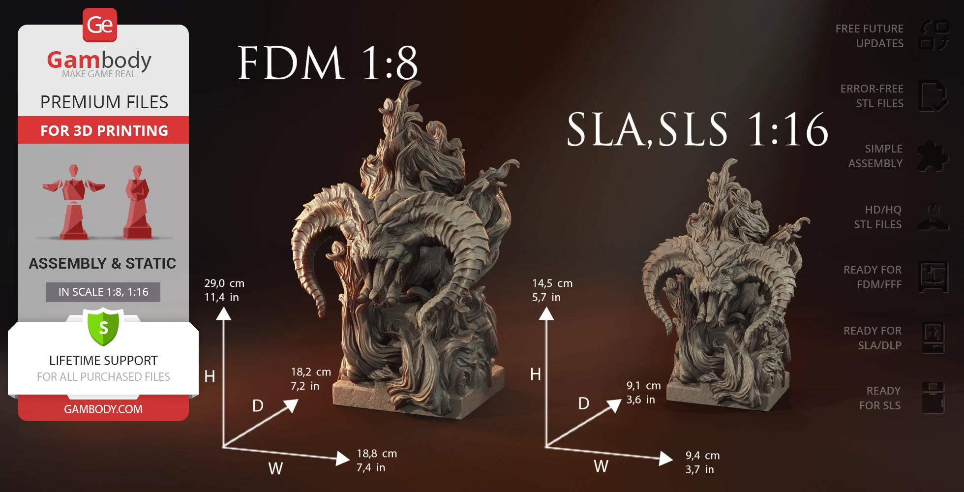 A detailed 3D model of a Balrog bust with fiery detail, suitable for 3D printing in different scales.
