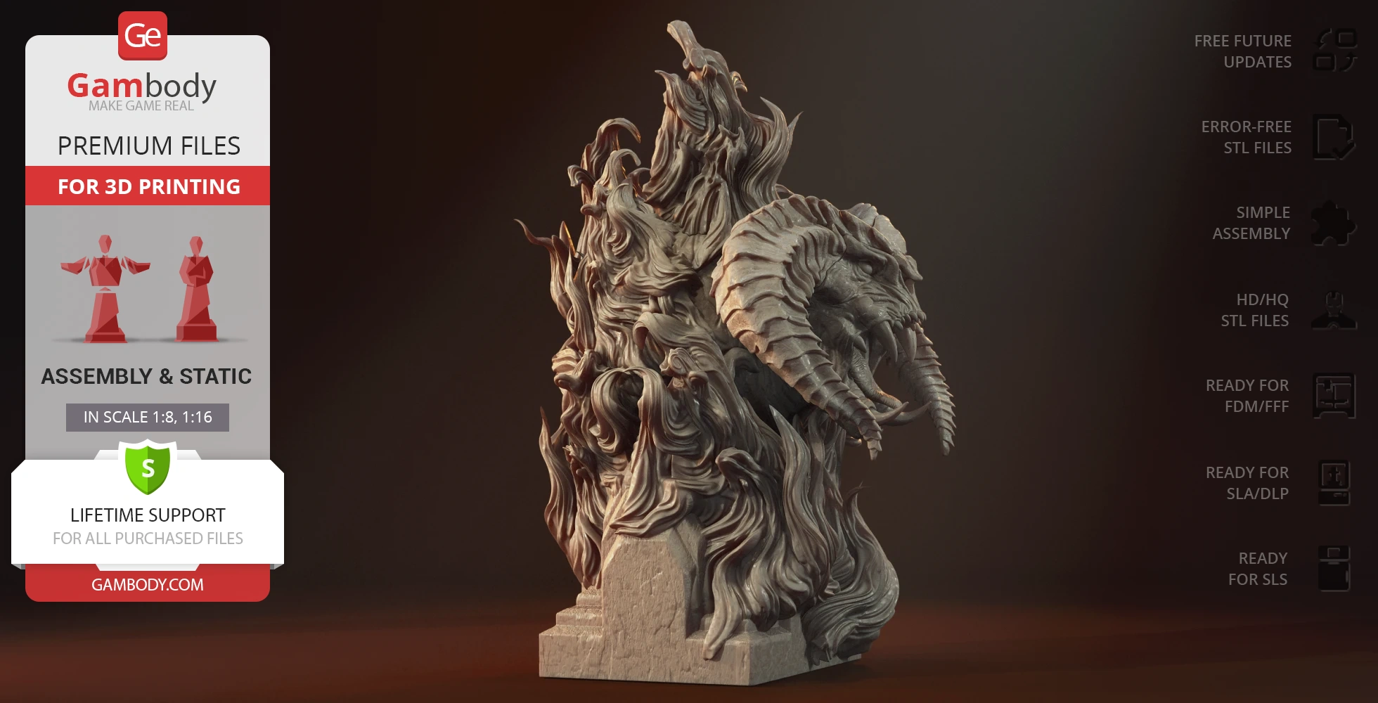 Intricately detailed Balrog bust with flowing flames and horned head, ready for 3D printing.