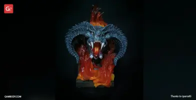 A fierce demonic bust with horns and flames, featuring sharp teeth and fiery mane.