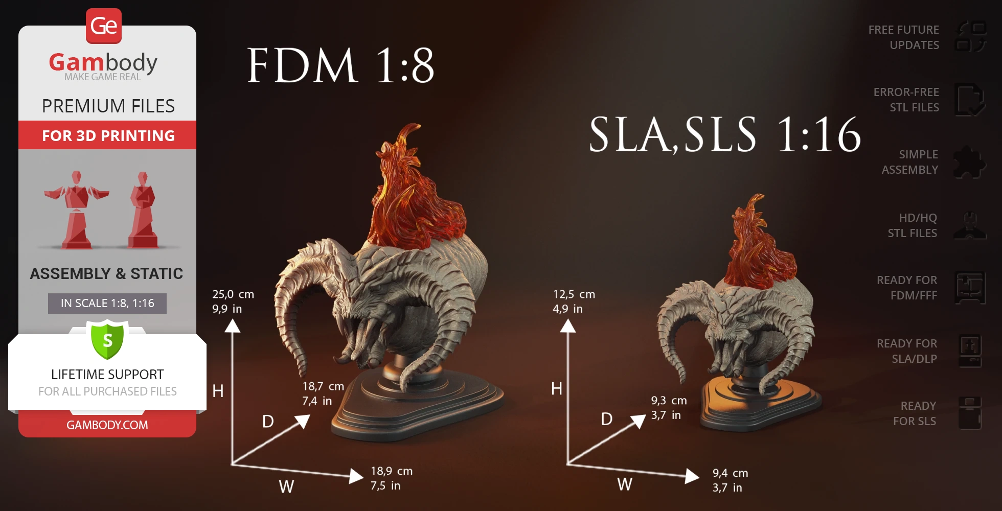 A detailed Balrog bust 3D model with fiery head, available in FDM 1:8 and SLA/SLS 1:16 scales for printing.