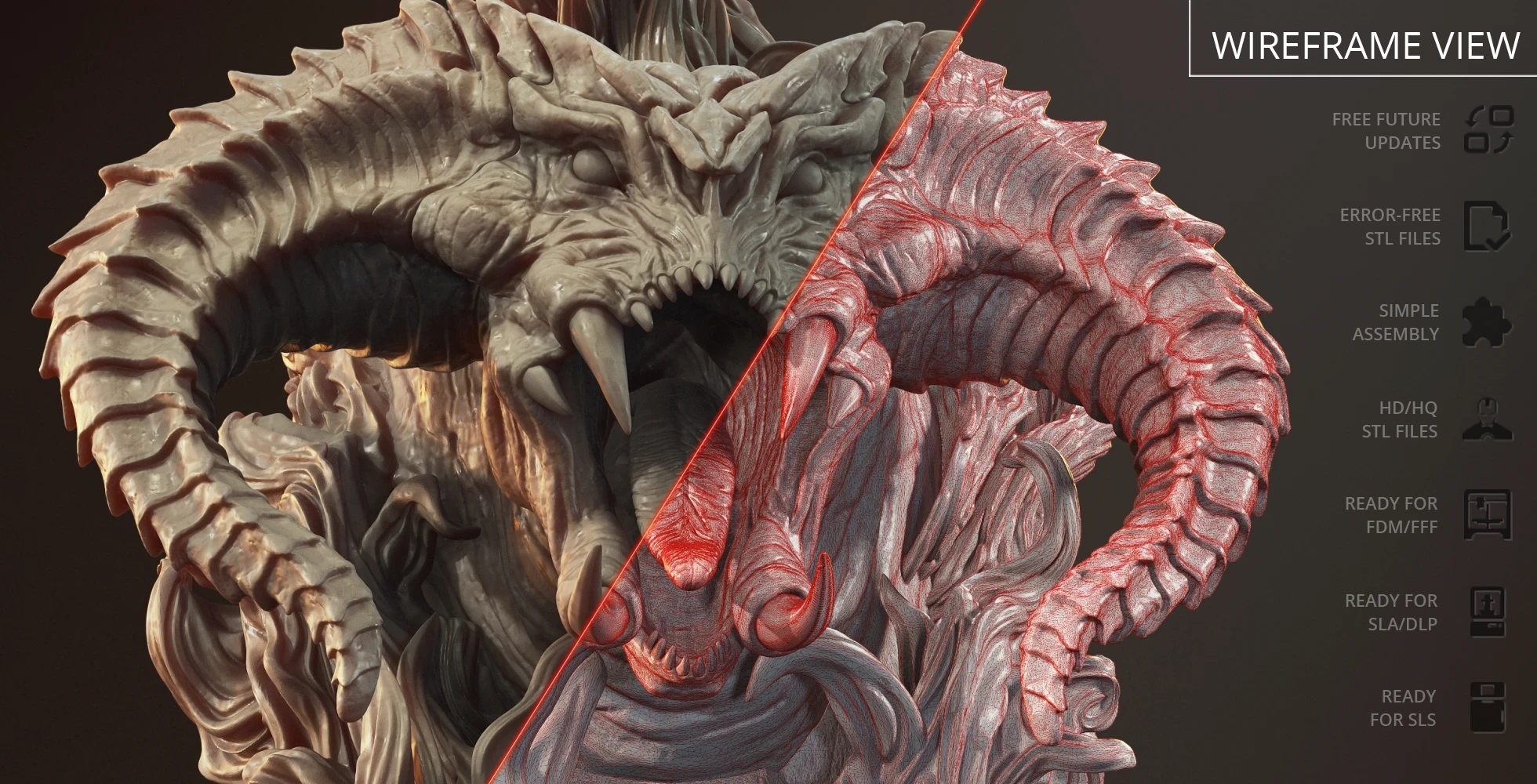 Detailed Balrog bust with horns and fangs, shown in both textured and wireframe views.