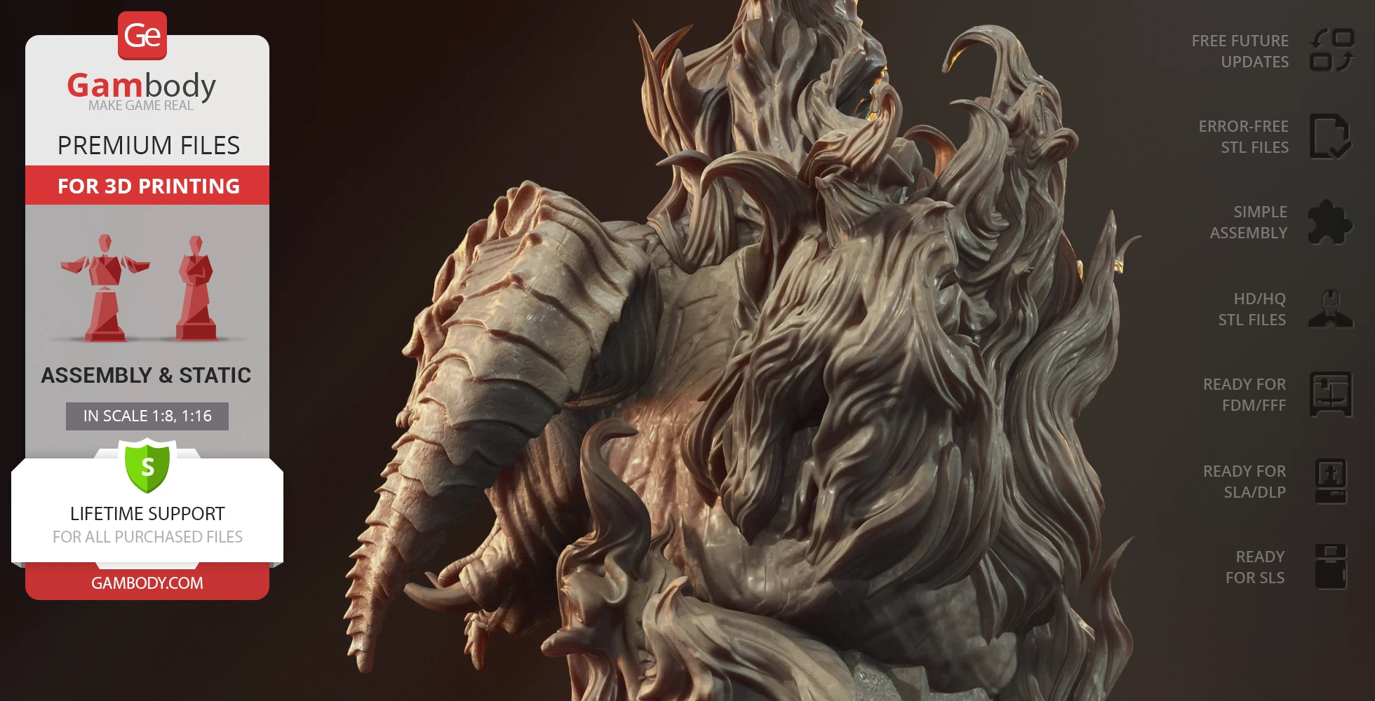 A detailed bust of a mythical creature with intricate horns and swirling designs, ready for 3D printing.