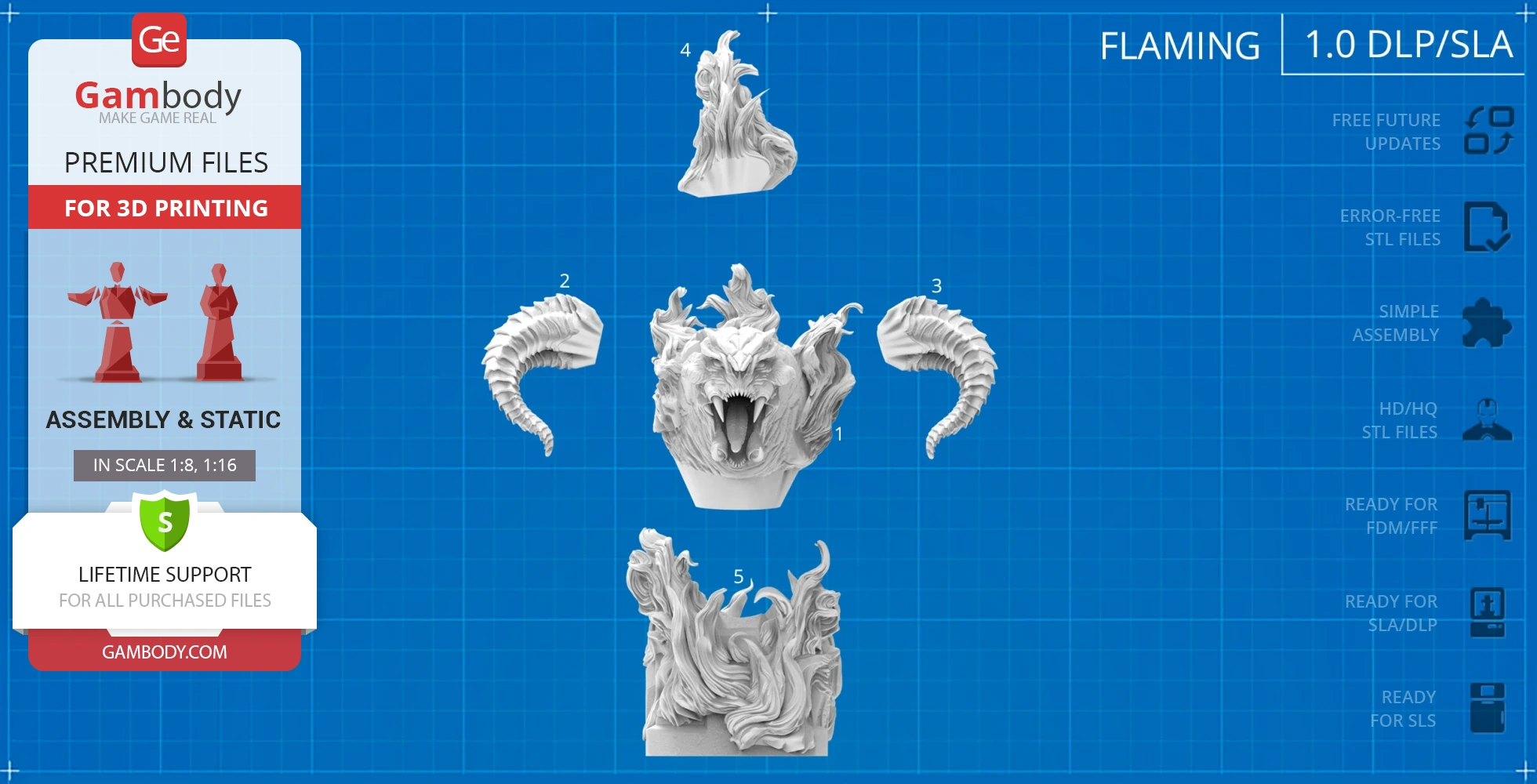 3D printable Balrog bust model parts on a blueprint-style background, ready for assembly.