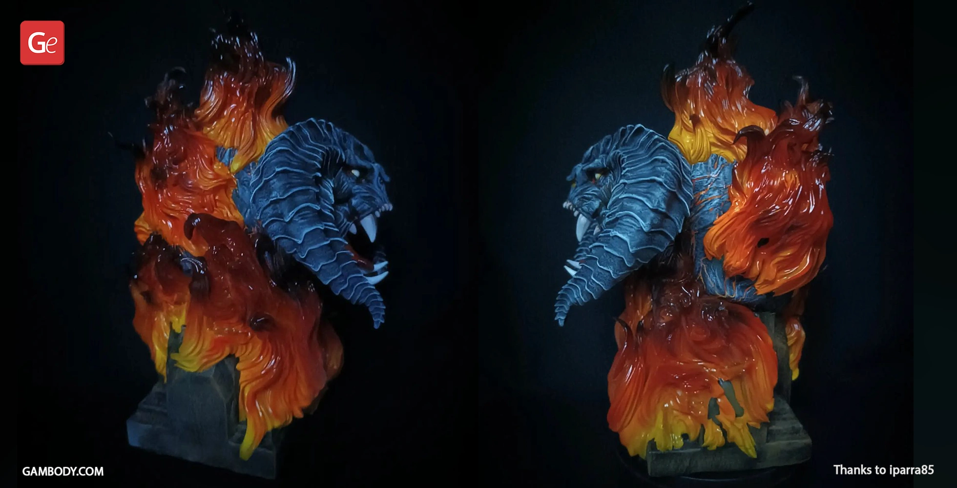 Fiery Balrog bust with glowing flames and a fierce expression, ready for 3D printing.