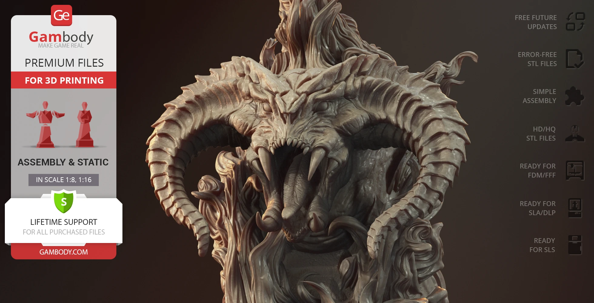 A detailed 3D bust of a demonic creature with large horns and an open mouth, designed for 3D printing.