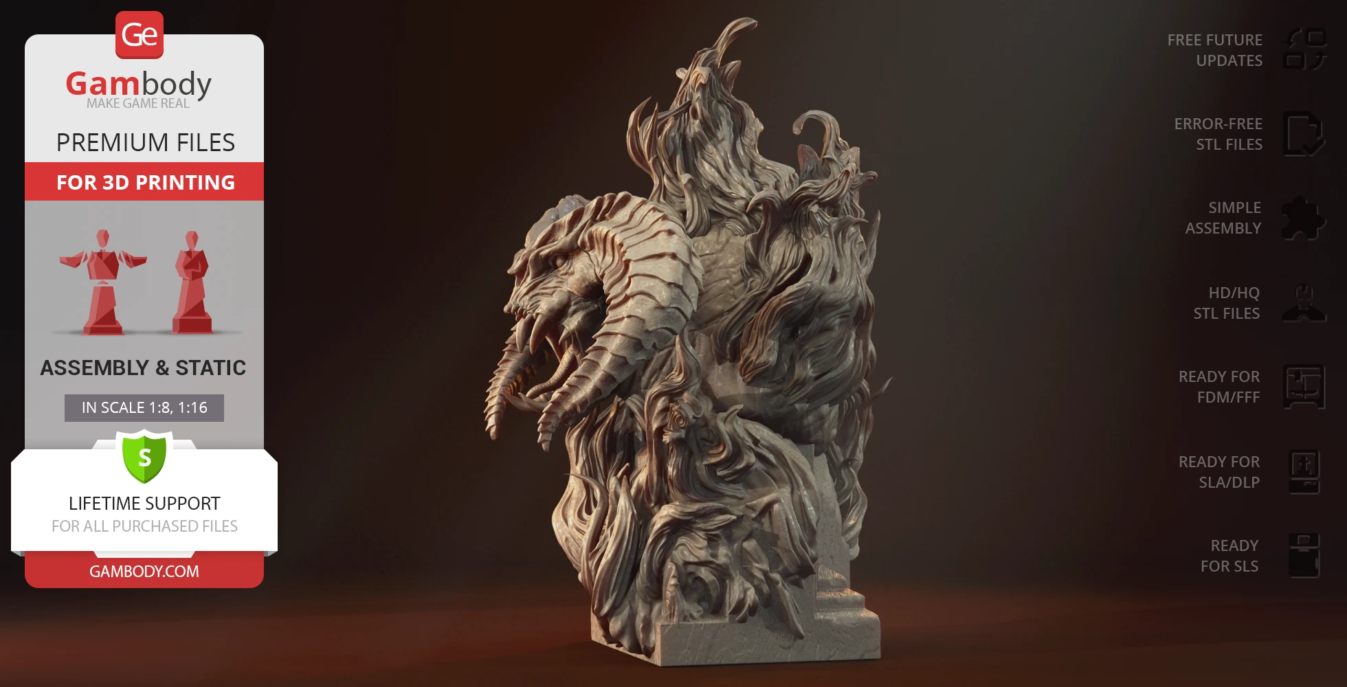 Intricately detailed Balrog bust with horns and fiery texture, designed for 3D printing.